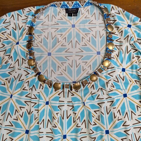 Nicole Miller Blue Boho Aztec Beaded Embellished Neck Floral Dress Large Ruffled - Picture 4 of 15